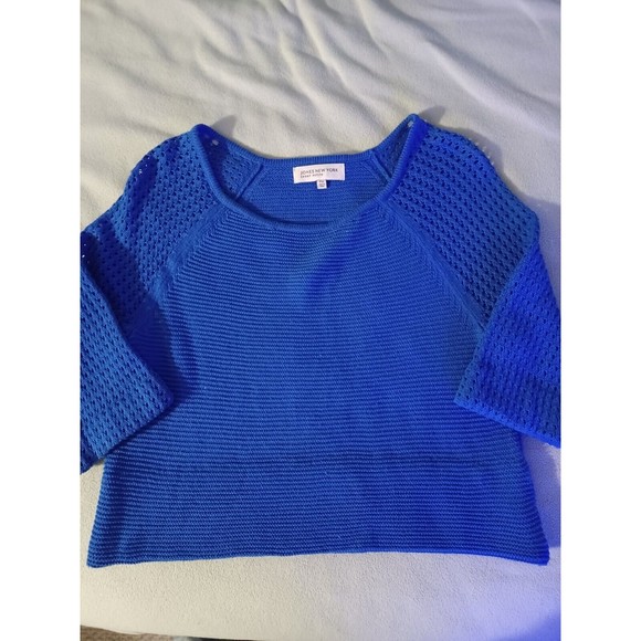 Jones New York Sport Petite Medium knit top open knit 3/4 sleeves hemmed blue - Picture 1 of 8